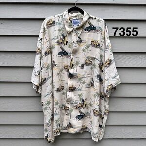 Sun Casuals Mens 3X Hawaiian Shirt Beige Surf Truck Beach Rayon Button Up